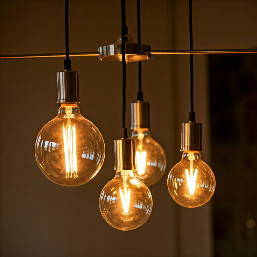 Luminaires de plafond en métal et verre fumé éclairant avec style une cuisine ouverte sur le salon